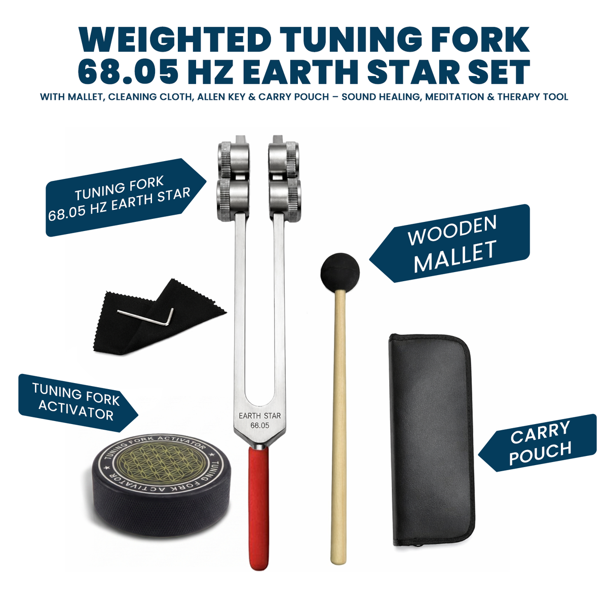 NS Crafts 68.05 Hz Earth Star weighted tuning fork with grip, activator, mallet and pouch – image 2