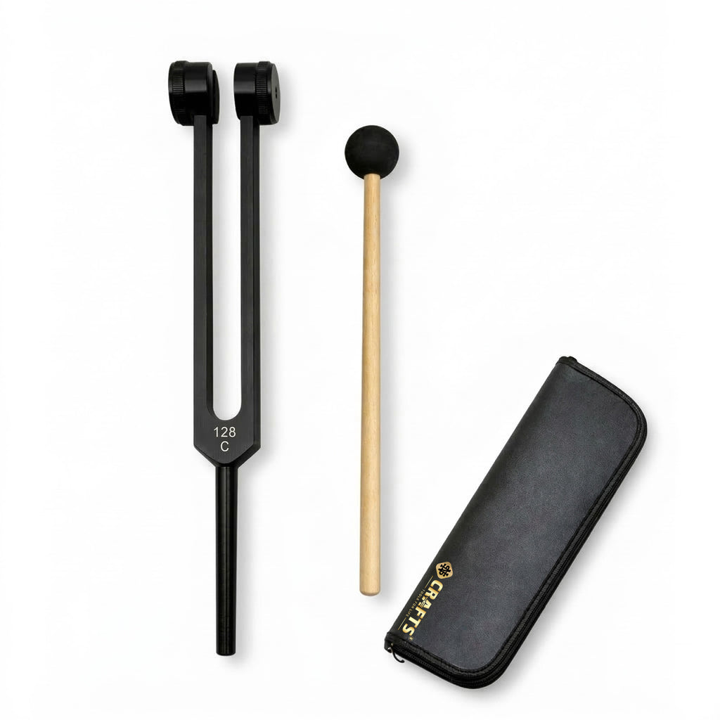 NS Crafts black Otto 128 Hz weighted tuning fork with mallet and leather pouch – image 1