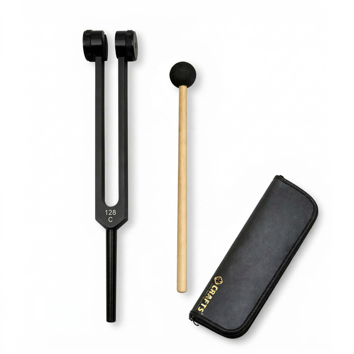 NS Crafts black Otto 128 Hz weighted tuning fork with mallet and leather pouch – image 1
