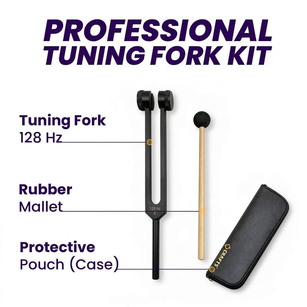 NS Crafts black Otto 128 Hz weighted tuning fork with mallet and leather pouch – image 2