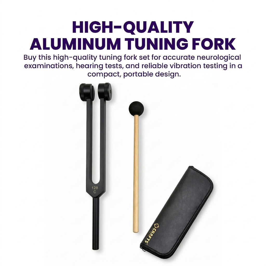 NS Crafts black Otto 128 Hz weighted tuning fork with mallet and leather pouch – image 7