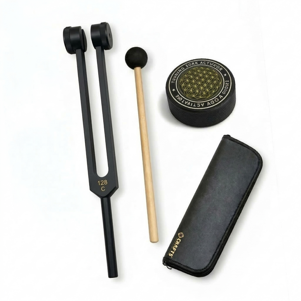 NS Crafts black Otto 128 Hz weighted tuning fork with activator, mallet and leather pouch – image 1