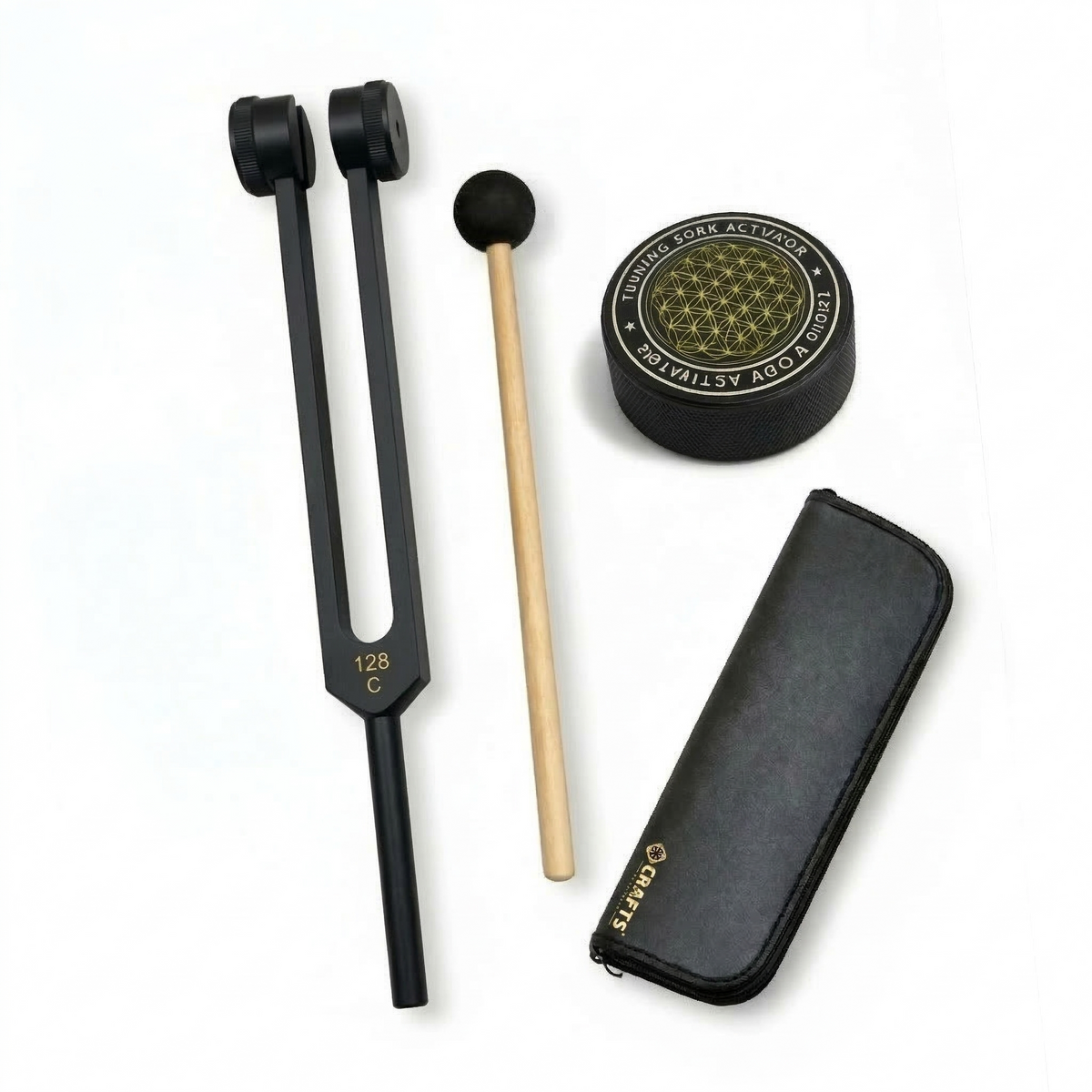 NS Crafts black Otto 128 Hz weighted tuning fork with activator, mallet and leather pouch – image 1