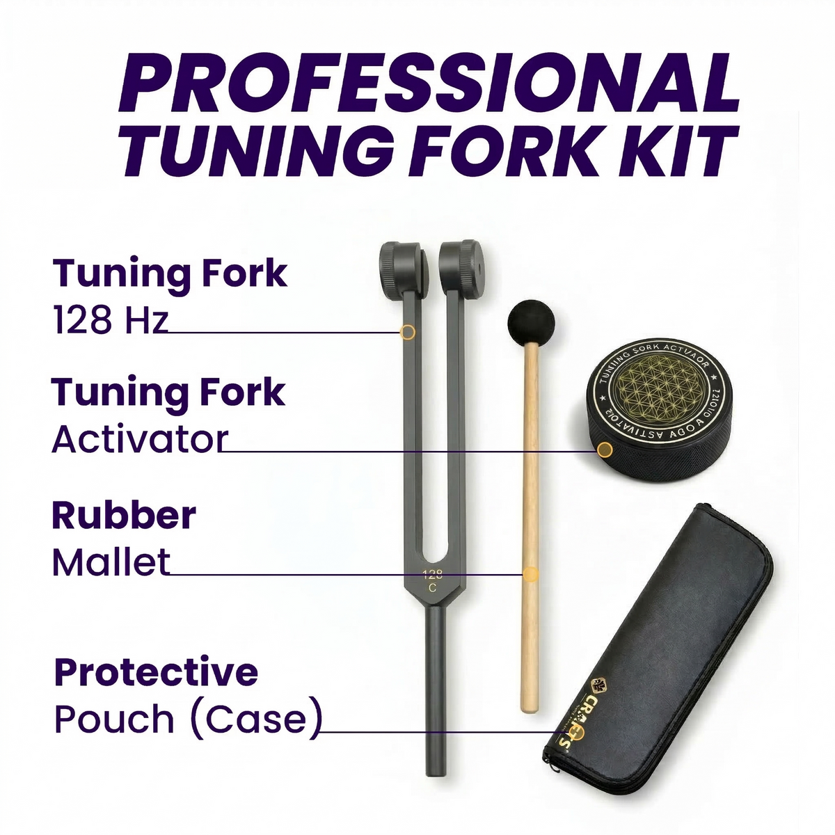 NS Crafts black Otto 128 Hz weighted tuning fork with activator, mallet and leather pouch – image 2
