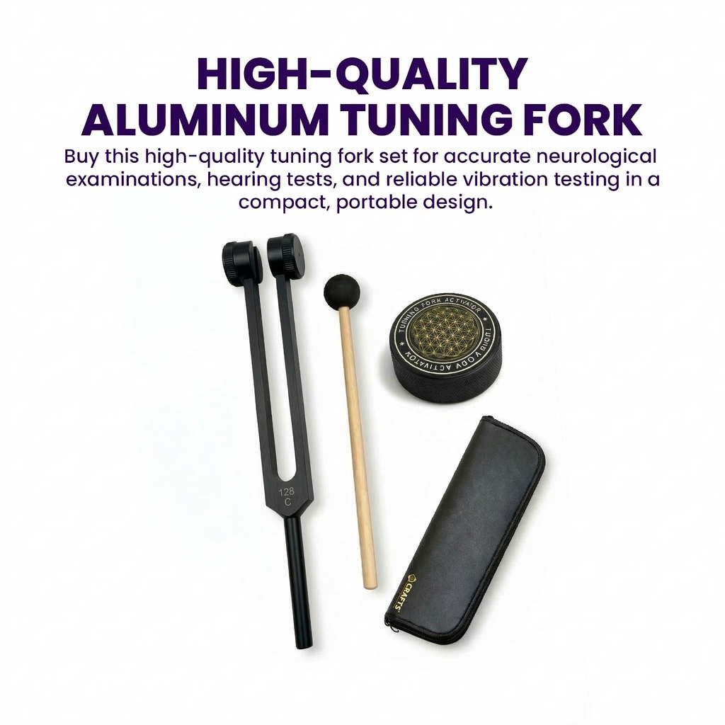 NS Crafts black Otto 128 Hz weighted tuning fork with activator, mallet and leather pouch – image 4