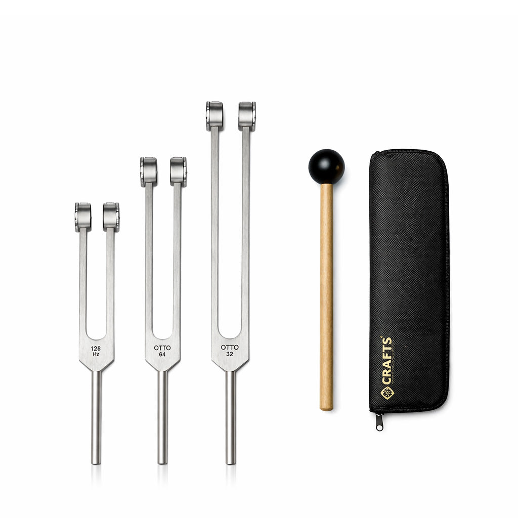 NS Crafts Otto weighted tuning fork set 32, 64 and 128 Hz with mallets and pouches – image 1