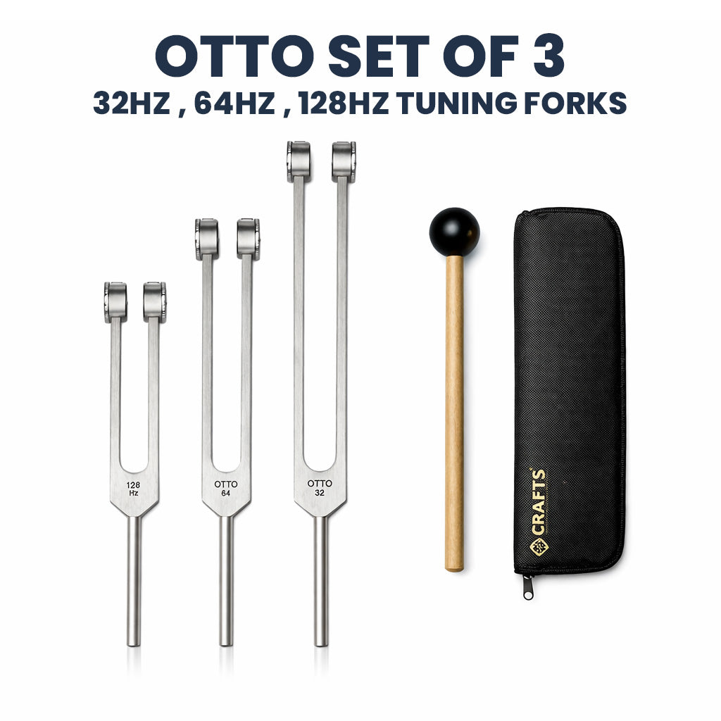 NS Crafts Otto weighted tuning fork set 32, 64 and 128 Hz with mallets and pouches – image 2