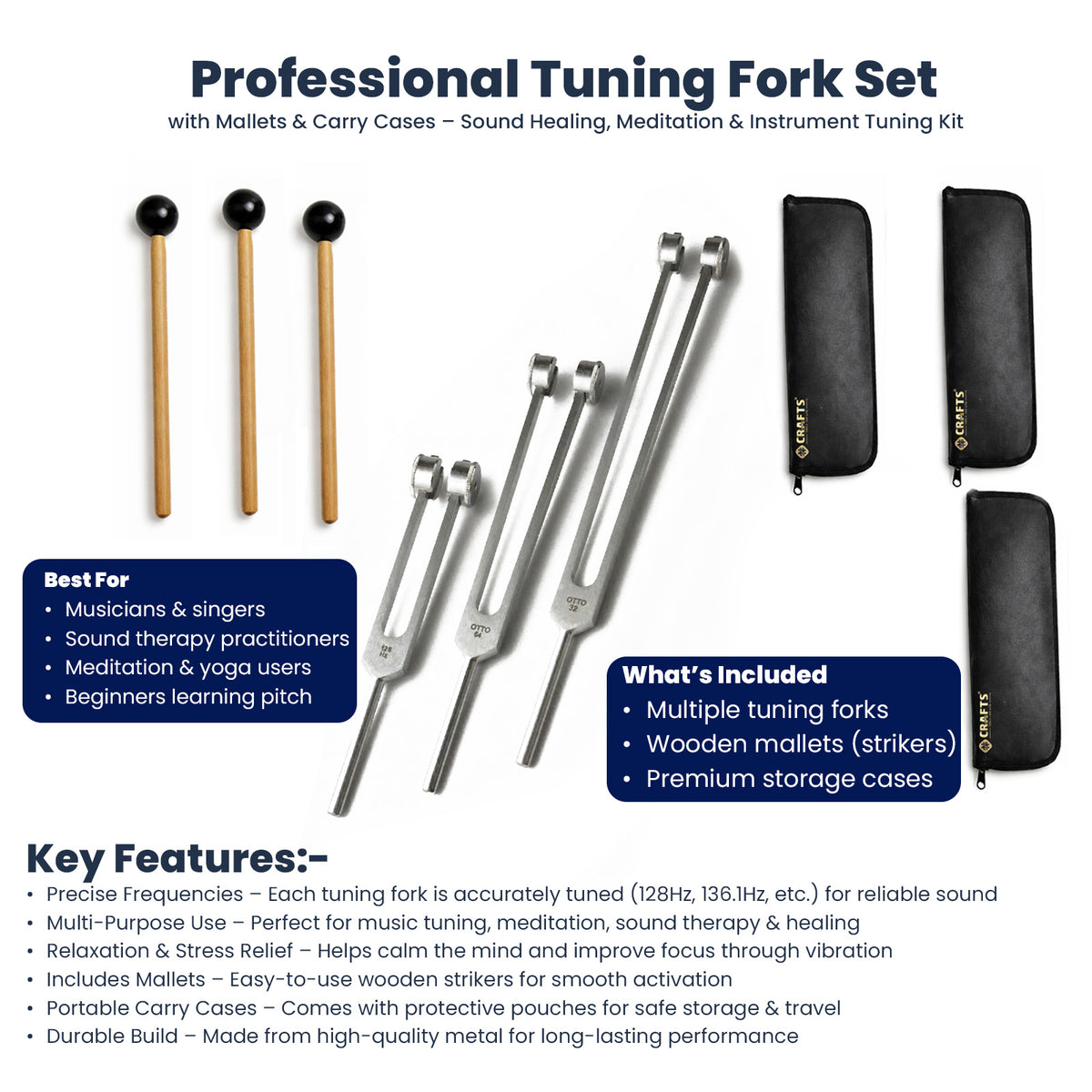 NS Crafts Otto weighted tuning fork set 32, 64 and 128 Hz with mallets and pouches – image 3