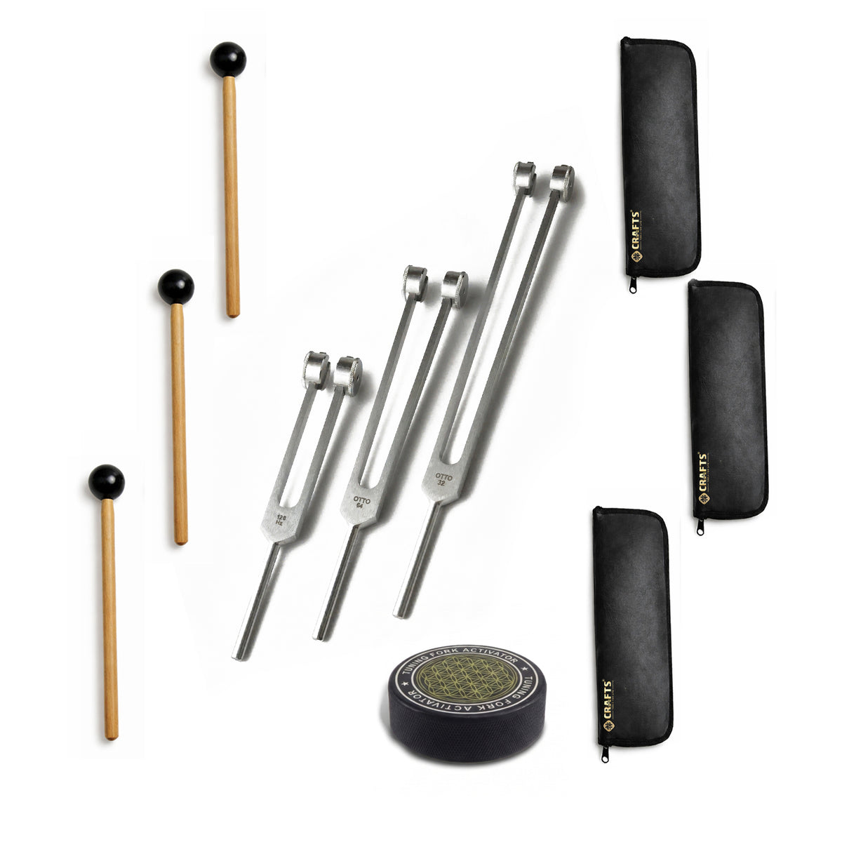 NS Crafts Otto weighted tuning fork set 32, 64 and 128 Hz with activator, mallets and pouches – image 1