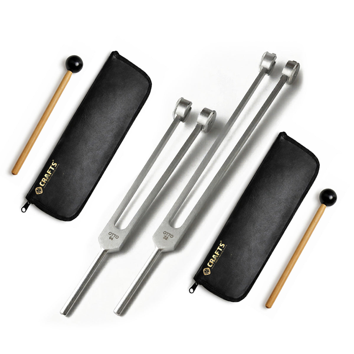 NS Crafts Otto weighted tuning fork set 32 and 64 Hz with mallets and leather pouches – image 1