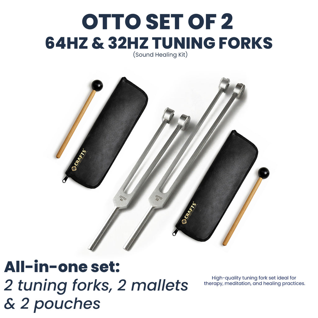 NS Crafts Otto weighted tuning fork set 32 and 64 Hz with mallets and leather pouches – image 2