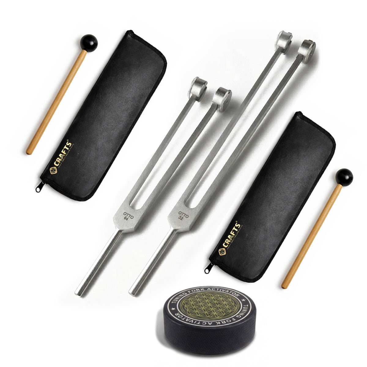 NS Crafts Otto weighted tuning fork set 32 and 64 Hz with activator, mallets and leather pouches – image 1