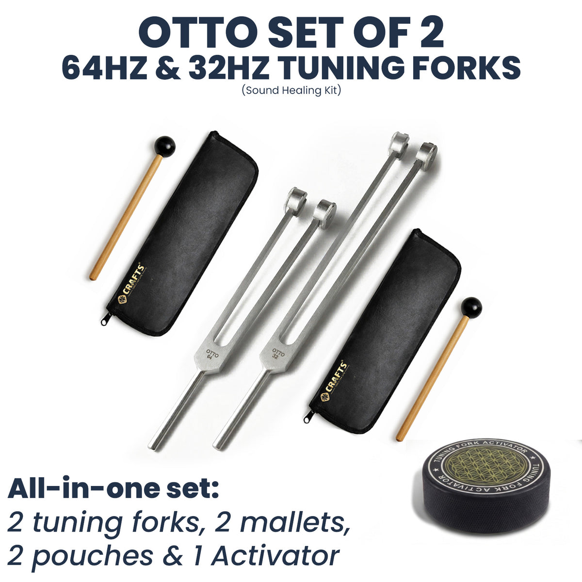 NS Crafts Otto weighted tuning fork set 32 and 64 Hz with activator, mallets and leather pouches – image 2