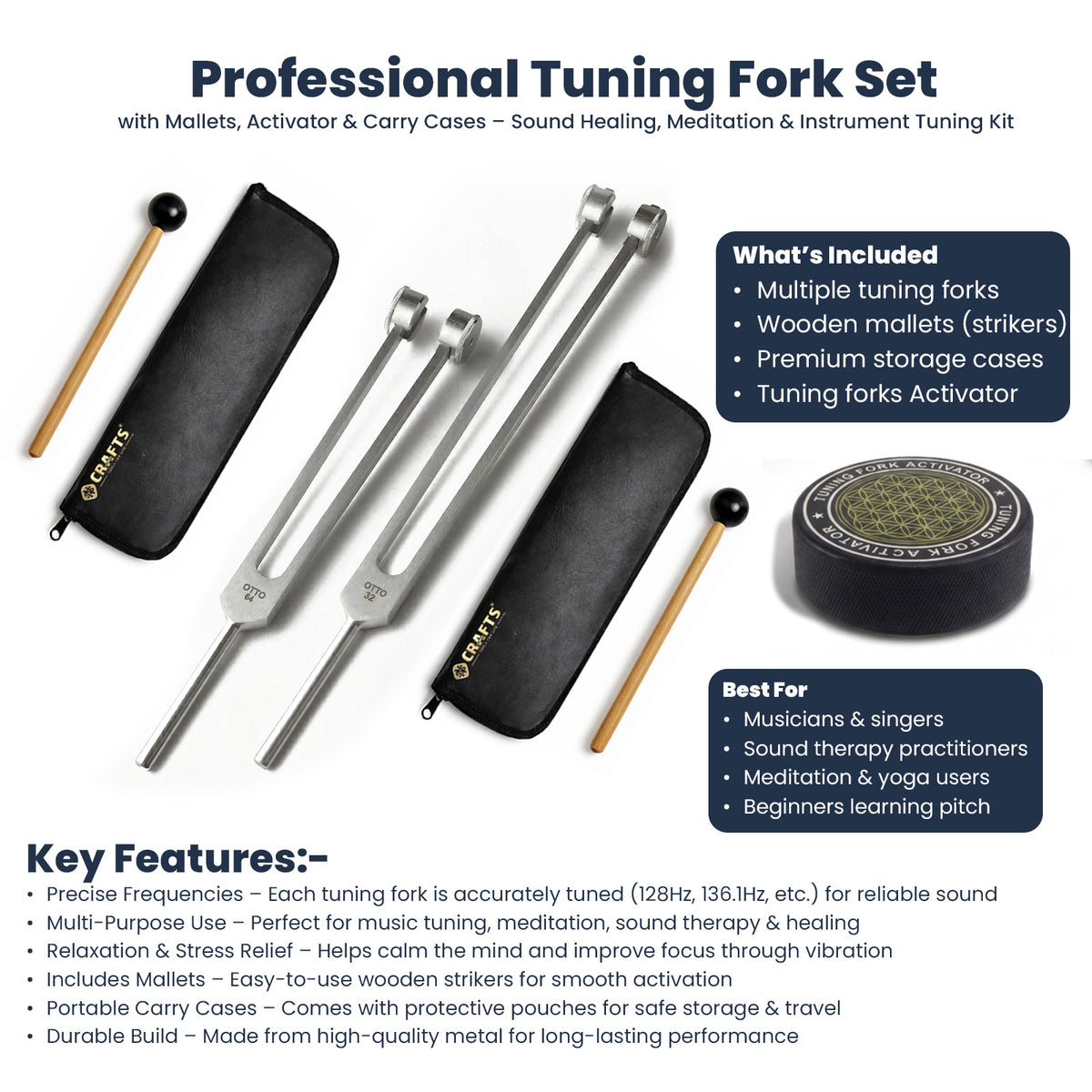 NS Crafts Otto weighted tuning fork set 32 and 64 Hz with activator, mallets and leather pouches – image 3