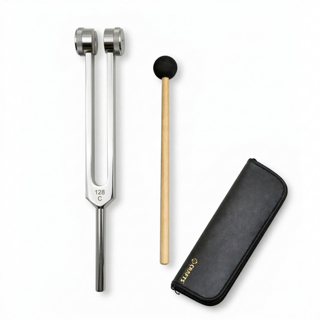 NS Crafts Pro Otto 128 Hz weighted tuning fork with mallet and leather pouch – image 1