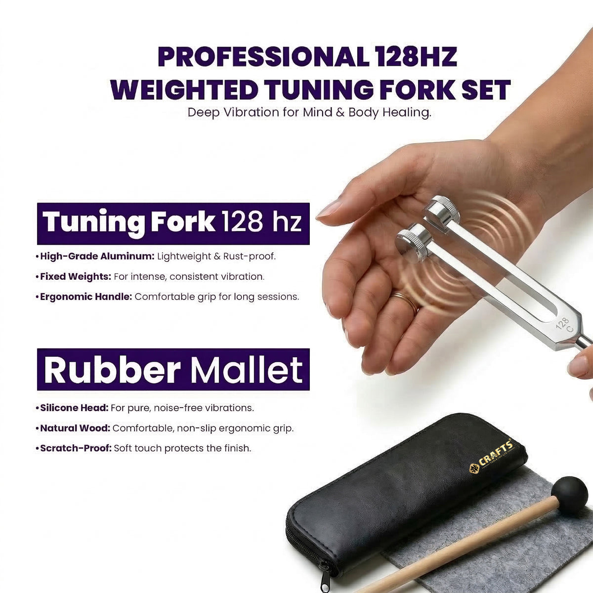 NS Crafts Pro Otto 128 Hz weighted tuning fork with mallet and leather pouch – image 5