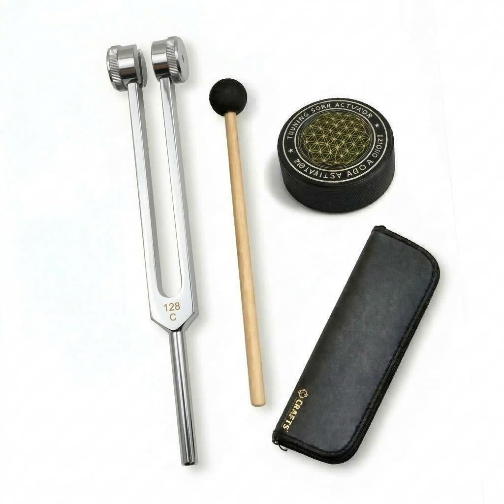NS Crafts Pro Otto 128 Hz weighted tuning fork with activator, mallet and leather pouch – image 3