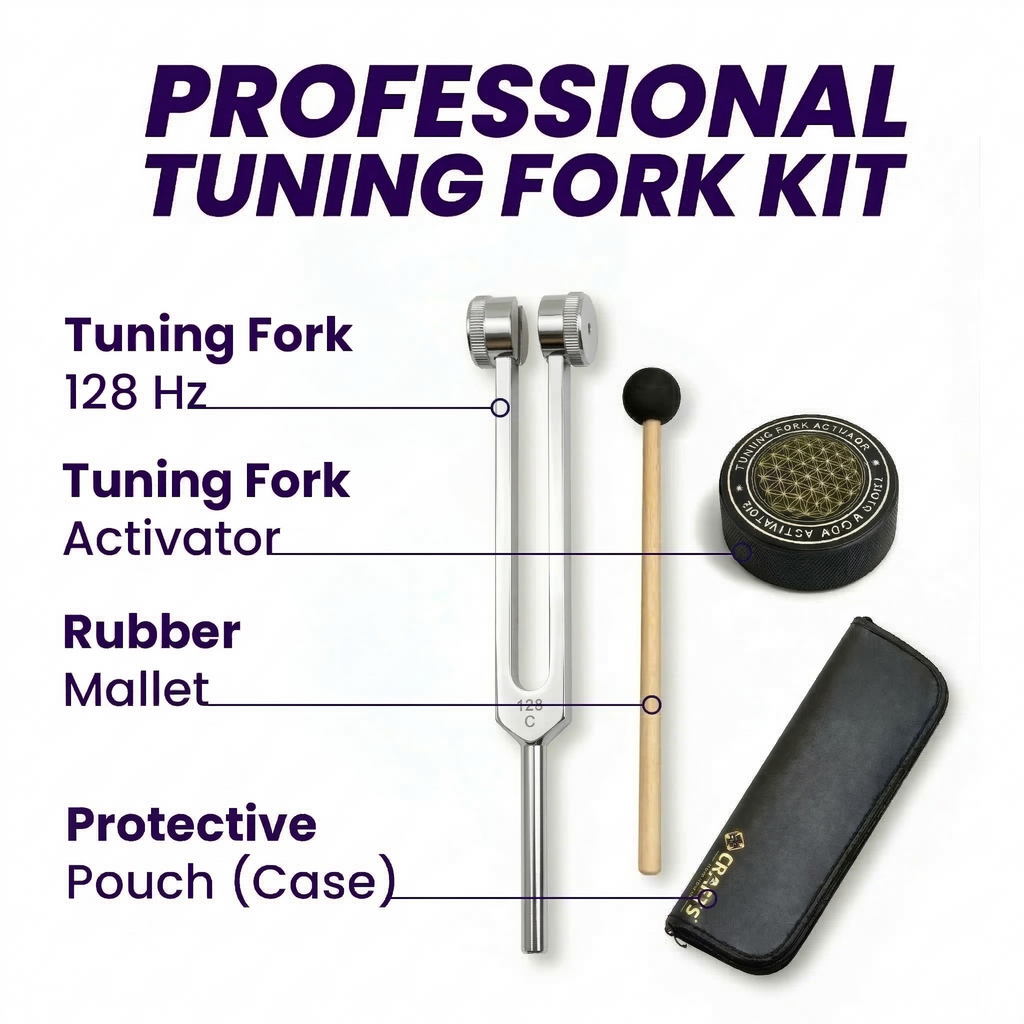 NS Crafts Pro Otto 128 Hz weighted tuning fork with activator, mallet and leather pouch – image 4