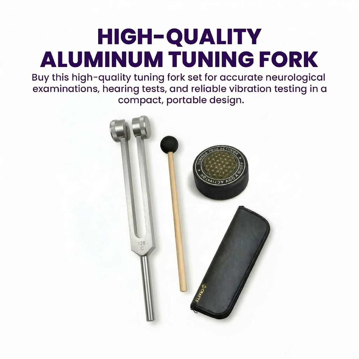 NS Crafts Pro Otto 128 Hz weighted tuning fork with activator, mallet and leather pouch – image 5