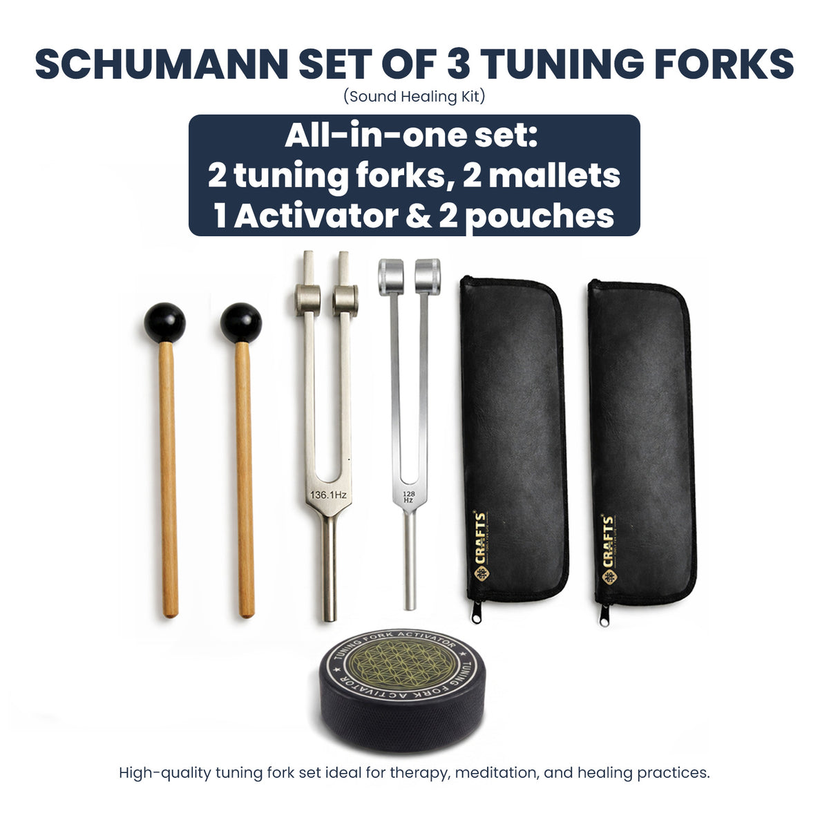 NS Crafts Schumann weighted tuning fork set 136.1 Hz and 128 Hz with activator, mallet and pouch – image 2