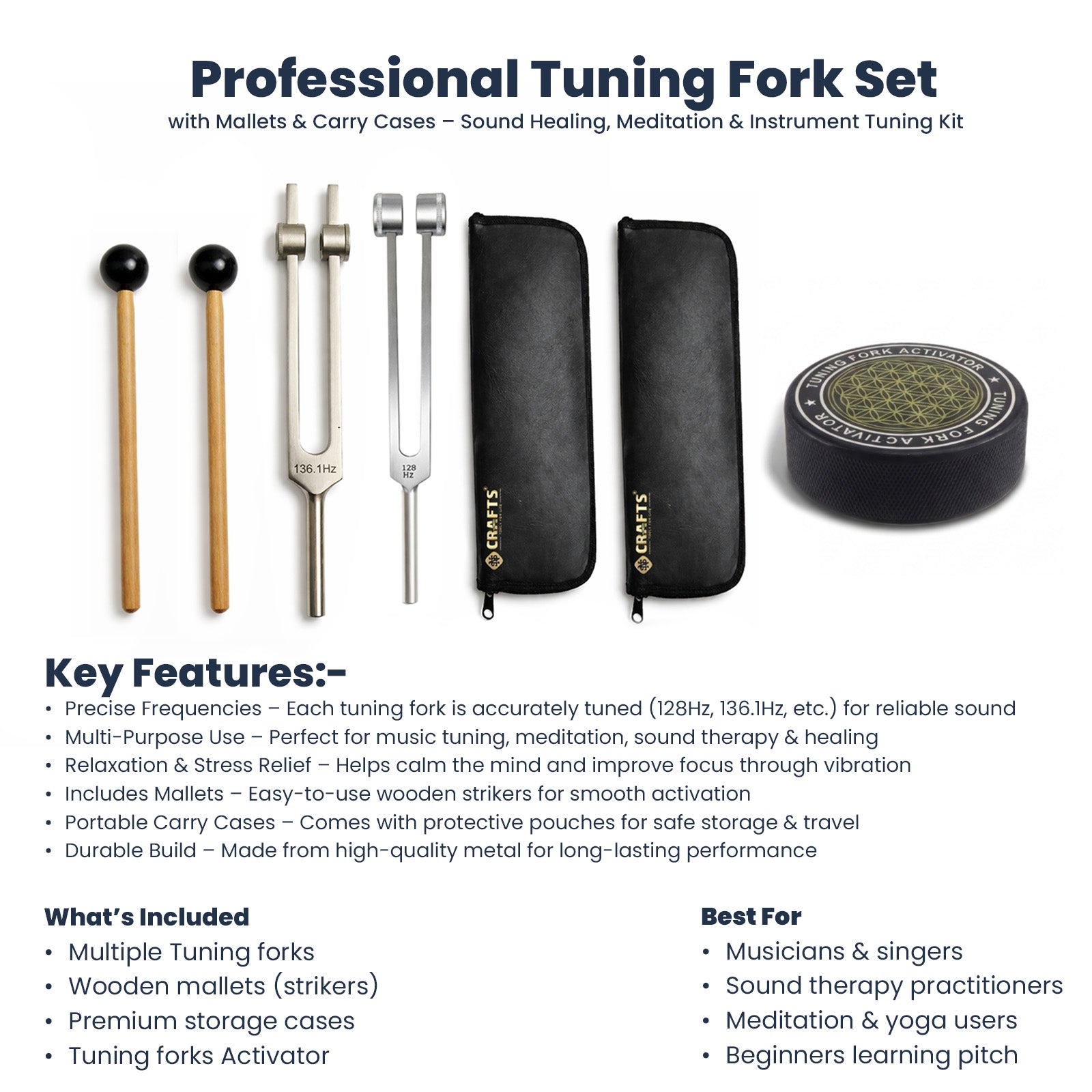 NS Crafts Schumann weighted tuning fork set 136.1 Hz and 128 Hz with activator, mallet and pouch – image 3