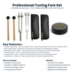 NS Crafts Schumann weighted tuning fork set 136.1 Hz and 128 Hz with activator, mallet and pouch – image 3