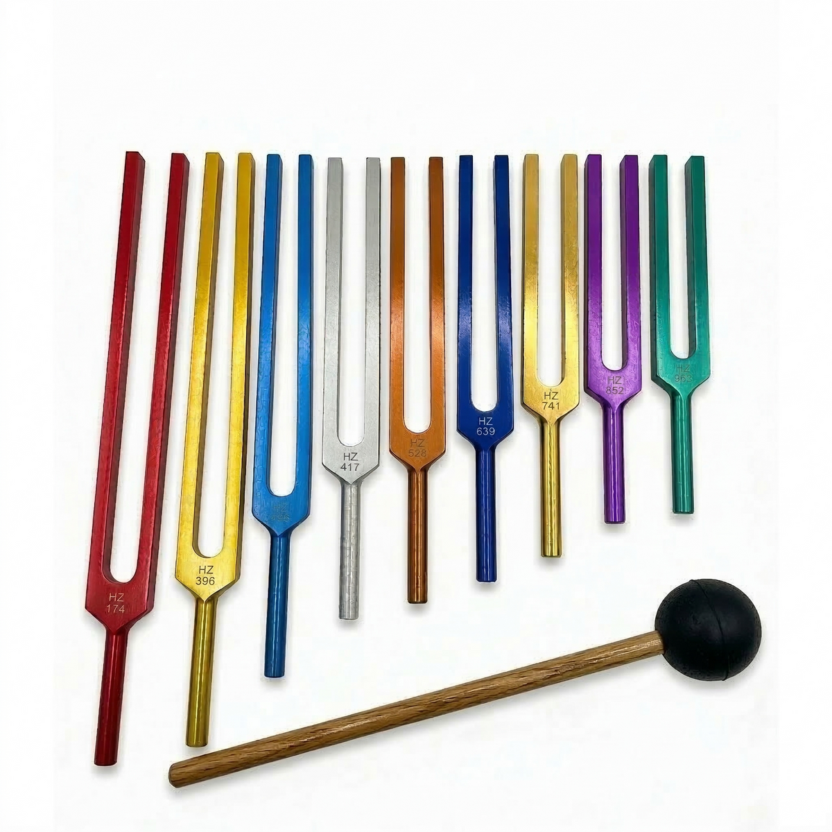 NS Crafts unweighted Solfeggio tuning fork set of 9, 174 to 963 Hz, with mallet and leather pouches – image 1