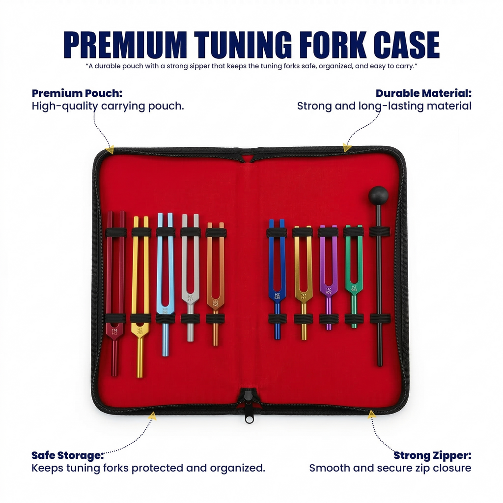NS Crafts unweighted Solfeggio tuning fork set of 9, 174 to 963 Hz, with mallet and leather pouches – image 5