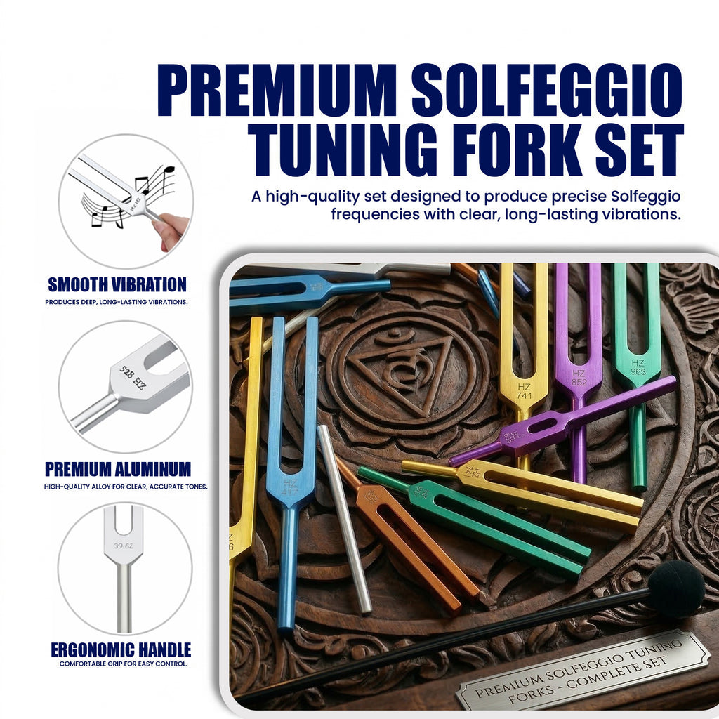 NS Crafts unweighted Solfeggio tuning fork set of 9, 174 to 963 Hz, with mallet and leather pouches – image 6