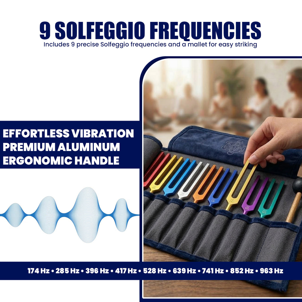 NS Crafts unweighted Solfeggio tuning fork set of 9, 174 to 963 Hz, with mallet and leather pouches – image 7