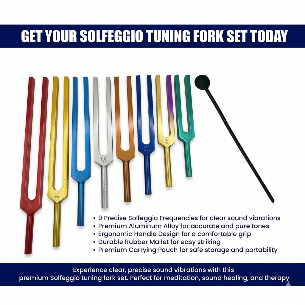 NS Crafts unweighted Solfeggio tuning fork set of 9, 174 to 963 Hz, with mallet and leather pouches – image 8