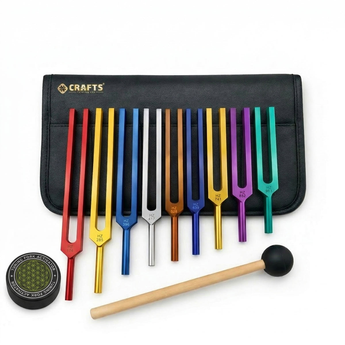 NS Crafts unweighted Solfeggio tuning fork set of 9 with activator, mallet and leather pouches – image 1