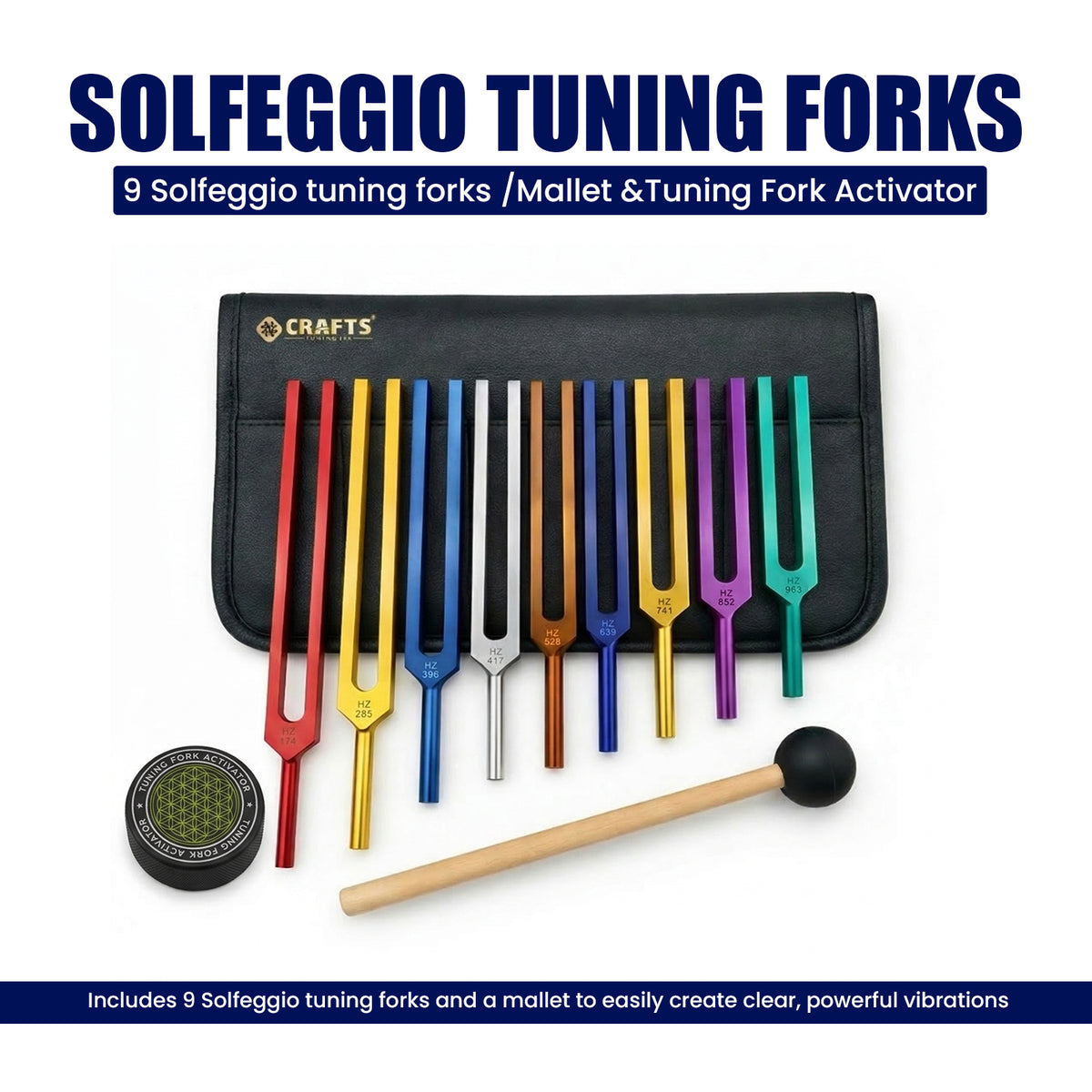 NS Crafts unweighted Solfeggio tuning fork set of 9 with activator, mallet and leather pouches – image 2