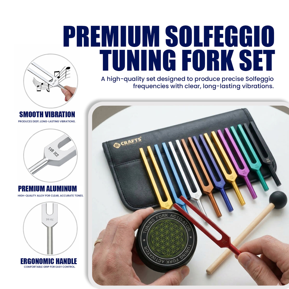 NS Crafts unweighted Solfeggio tuning fork set of 9 with activator, mallet and leather pouches – image 4