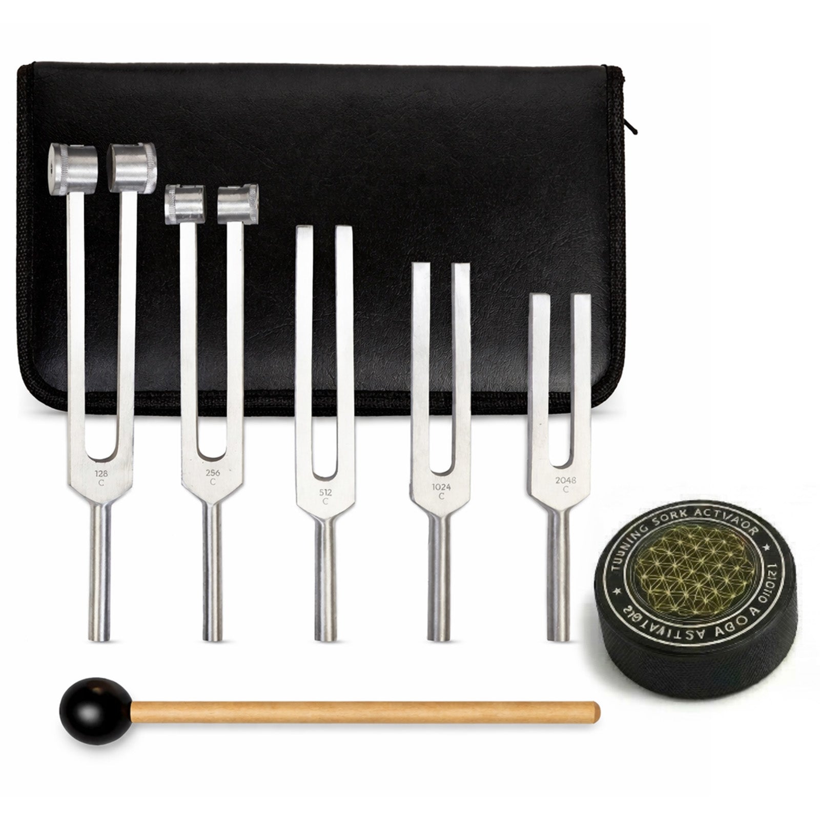 NS Crafts tuning fork set of 5, 128 to 2048 Hz, with activator, mallet and pouch – image 1