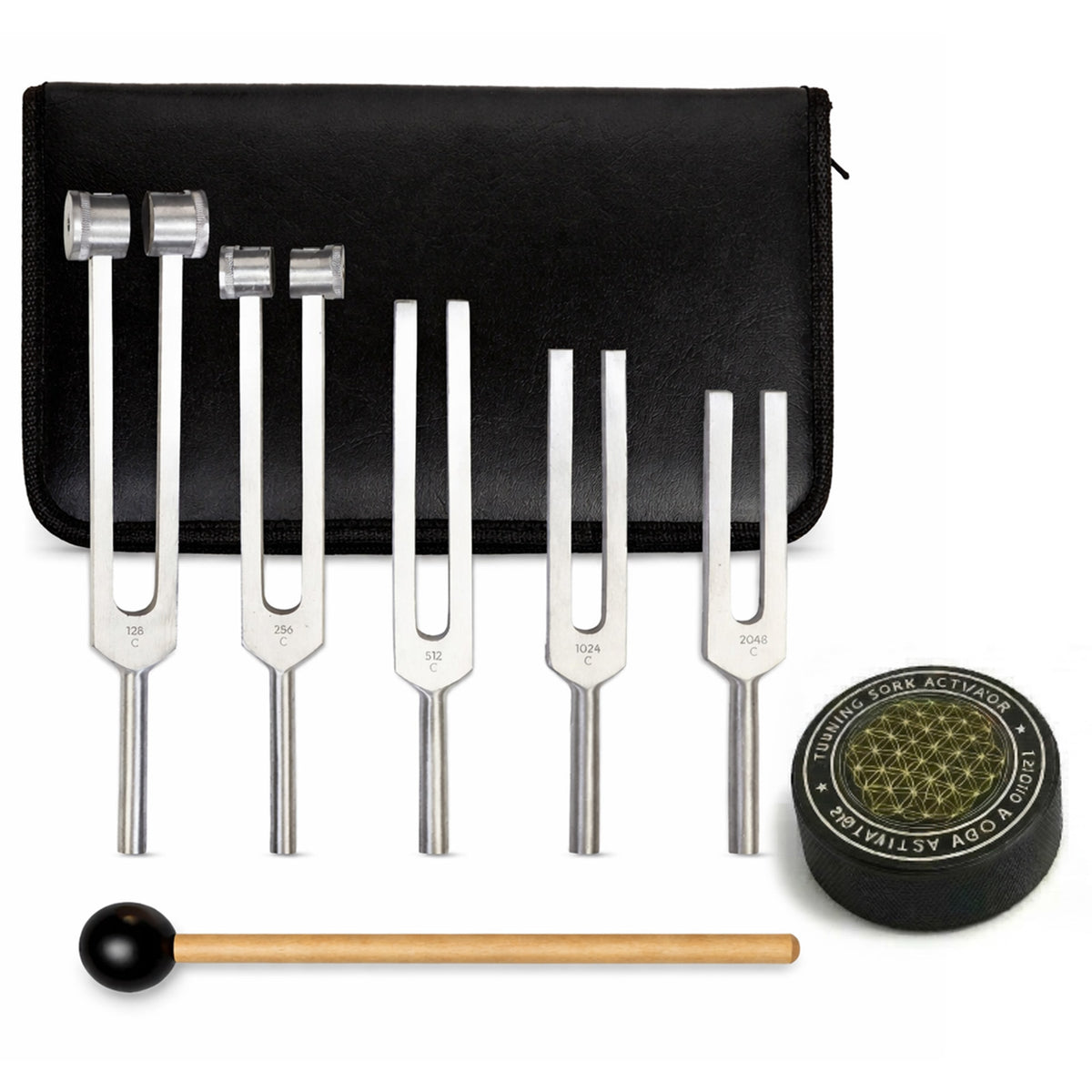NS Crafts tuning fork set of 5, 128 to 2048 Hz, with activator, mallet and pouch – image 1