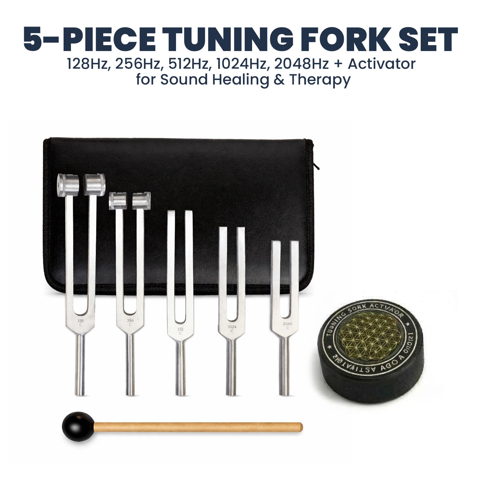 NS Crafts tuning fork set of 5, 128 to 2048 Hz, with activator, mallet and pouch – image 2