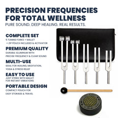 NS Crafts tuning fork set of 5, 128 to 2048 Hz, with activator, mallet and pouch – image 3