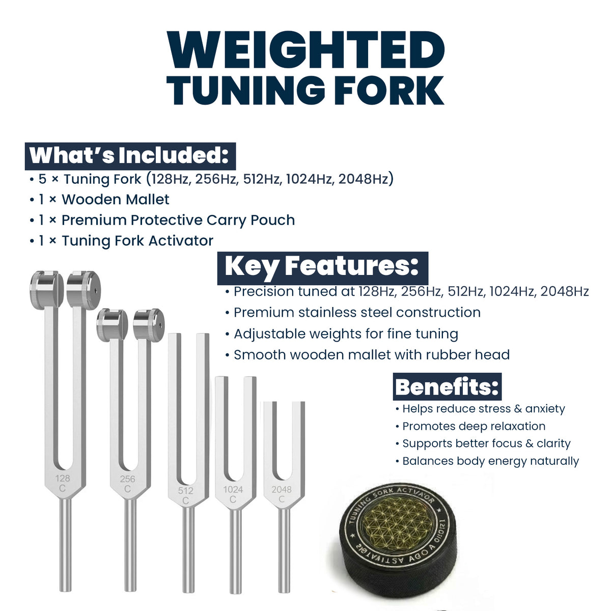NS Crafts tuning fork set of 5, 128 to 2048 Hz, with activator, mallet and pouch – image 5