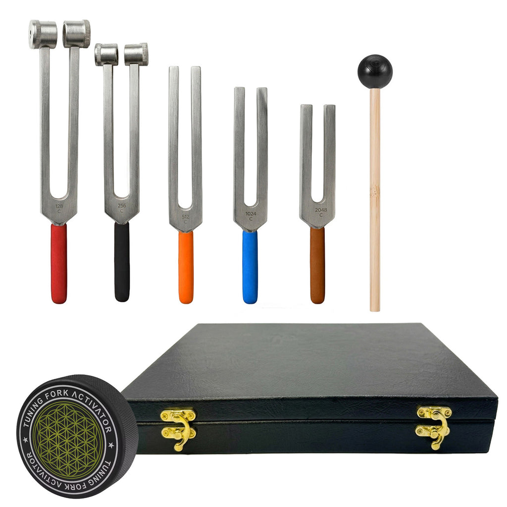 NS Crafts tuning fork set 128 to 2048 Hz with grip, activator, mallet and gift box – image 1