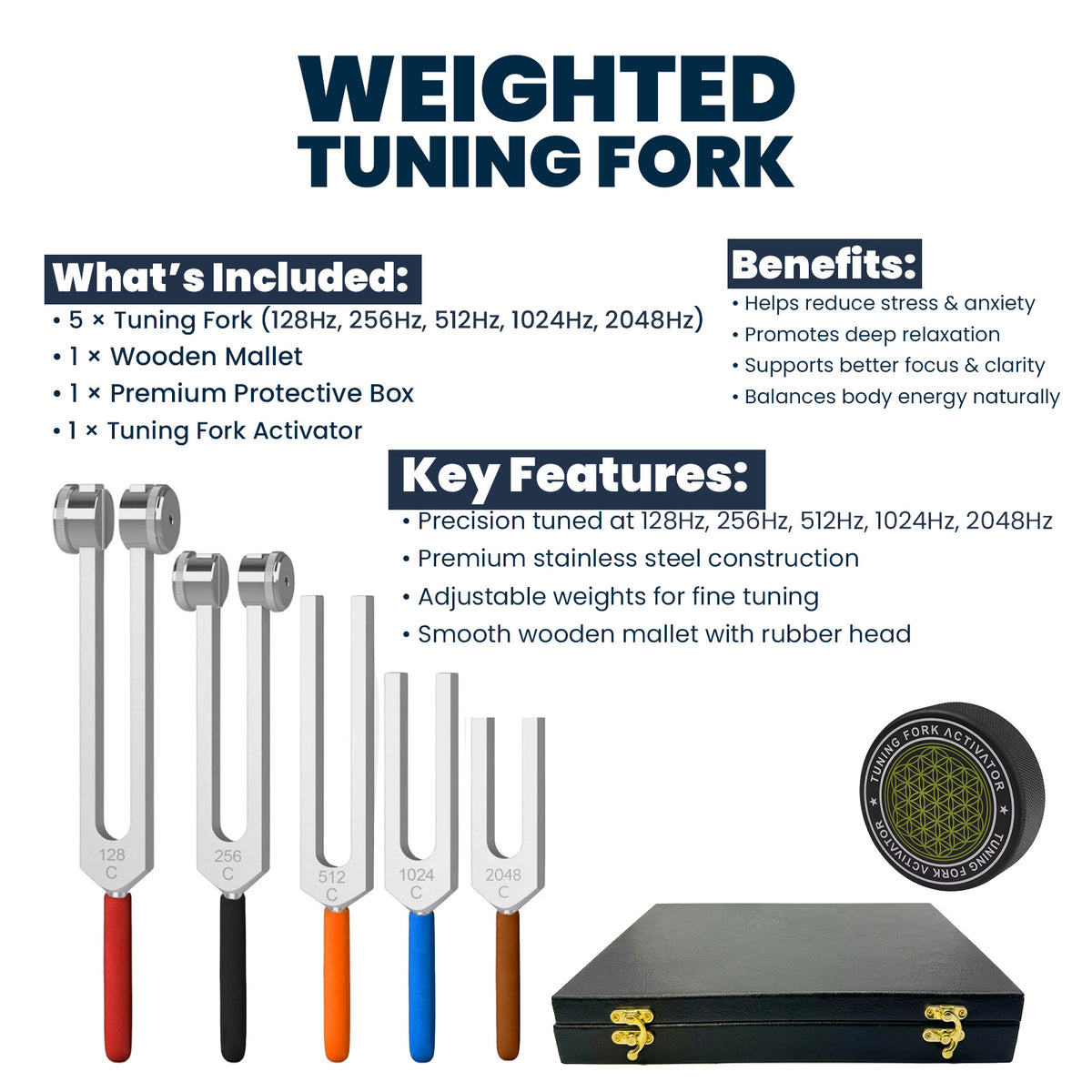 NS Crafts tuning fork set 128 to 2048 Hz with grip, activator, mallet and gift box – image 5