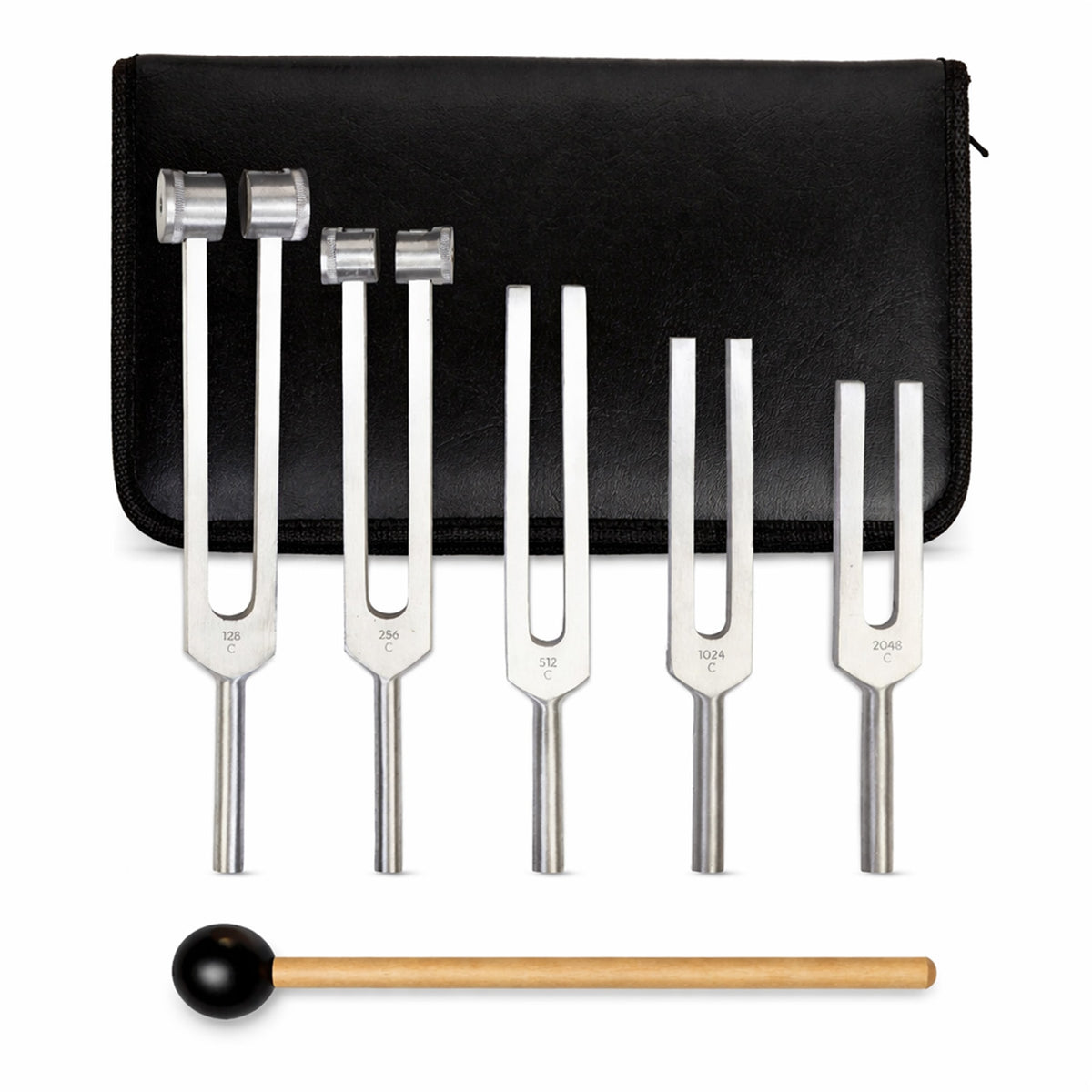 NS Crafts tuning fork set of 5, 128 to 2048 Hz, with mallet and pouch – image 1