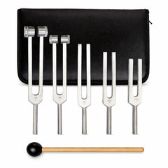 NS Crafts tuning fork set of 5, 128 to 2048 Hz, with mallet and pouch – image 1