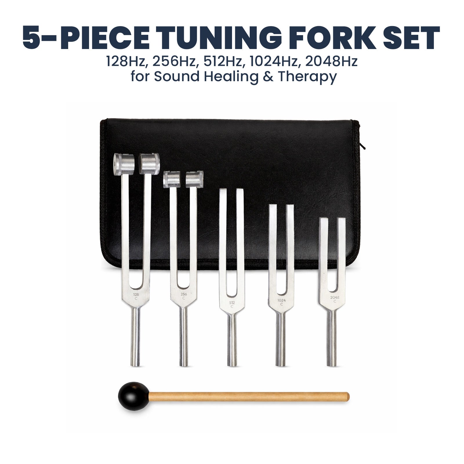 NS Crafts tuning fork set of 5, 128 to 2048 Hz, with mallet and pouch – image 2