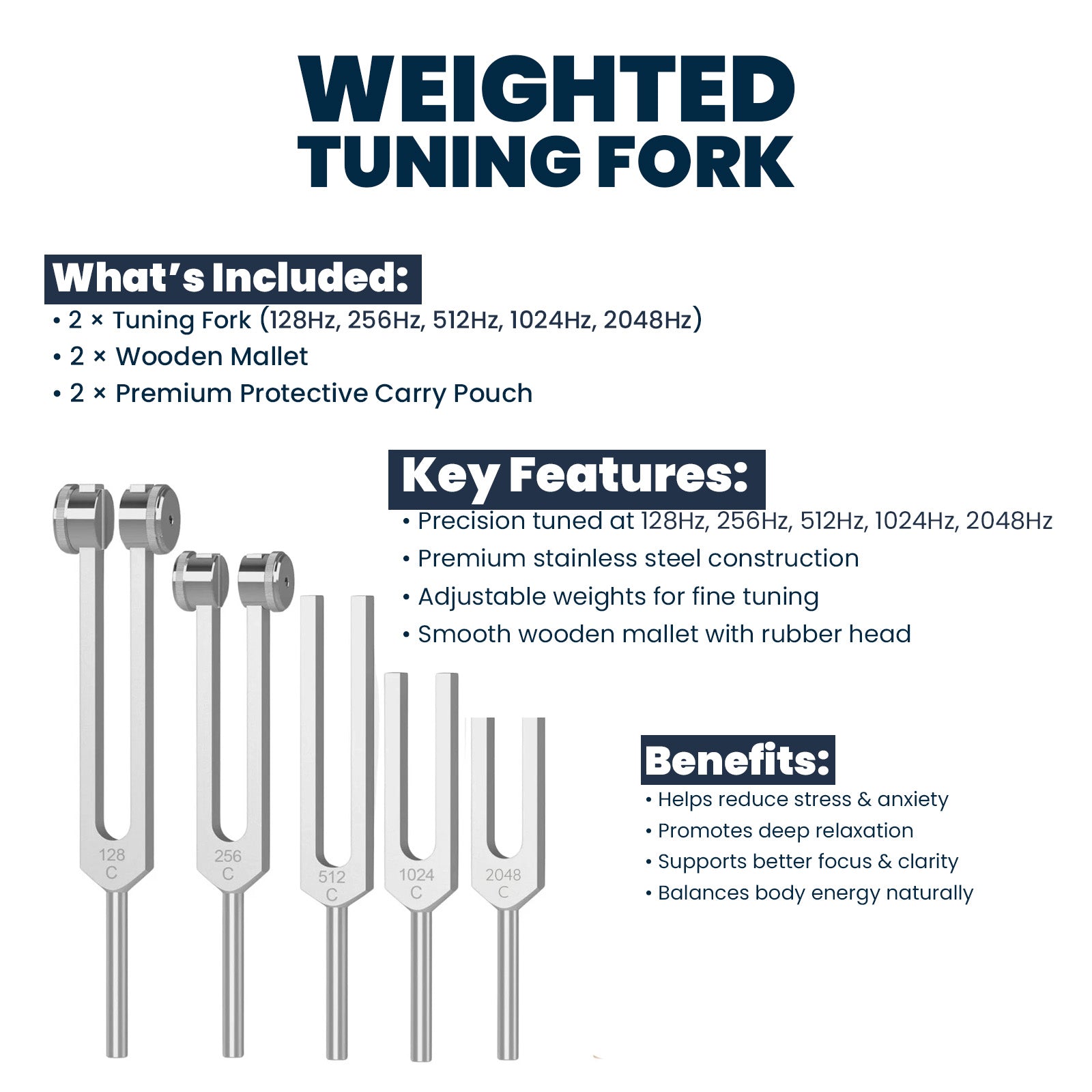 NS Crafts tuning fork set of 5, 128 to 2048 Hz, with mallet and pouch – image 5