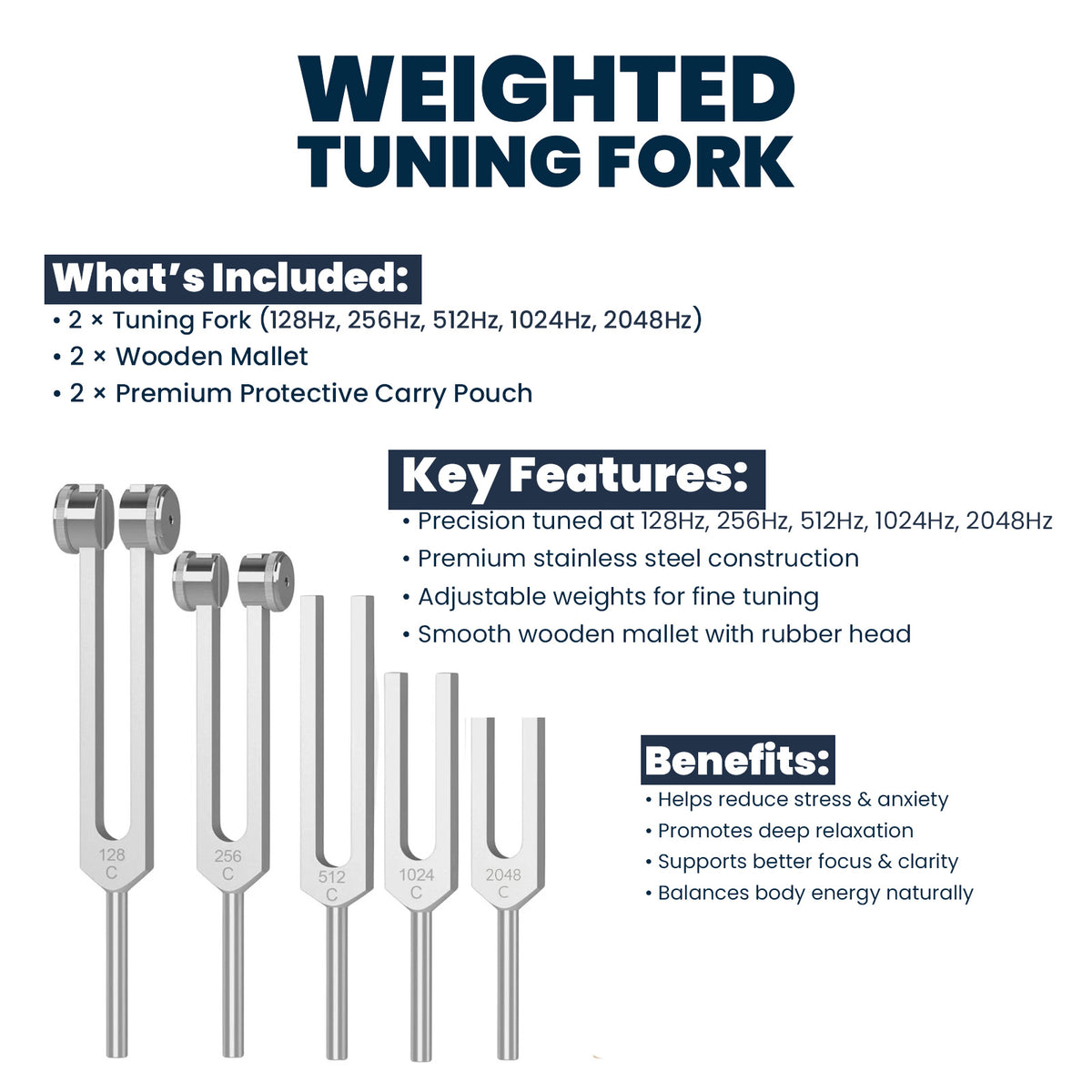 NS Crafts tuning fork set of 5, 128 to 2048 Hz, with mallet and pouch – image 5