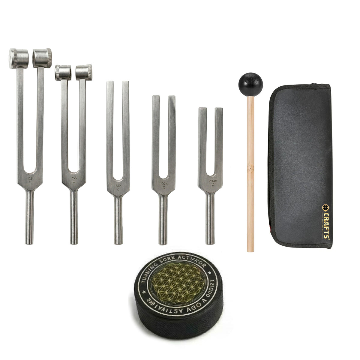 NS Crafts tuning fork set of 5, 128 to 2048 Hz, with mallet and pouch – image 10