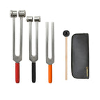 NS Crafts tuning fork set 128, 256 and 512 Hz with grip, mallet and leather pouches – image 1