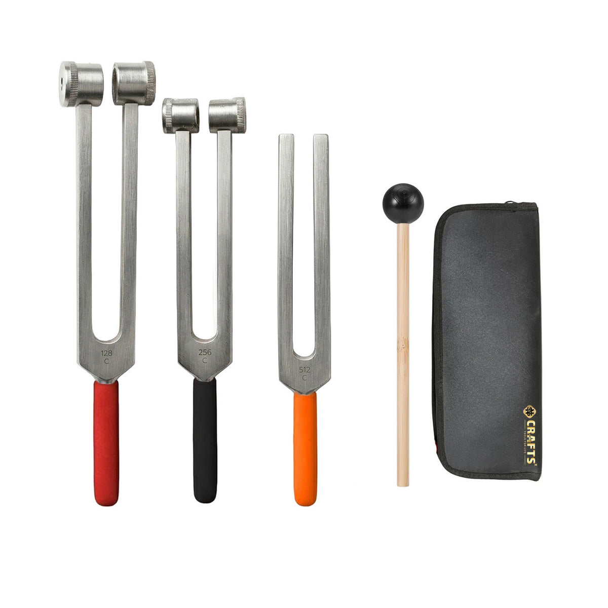 NS Crafts tuning fork set 128, 256 and 512 Hz with grip, mallet and leather pouches – image 1