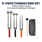 NS Crafts tuning fork set 128, 256 and 512 Hz with grip, mallet and leather pouches – image 2